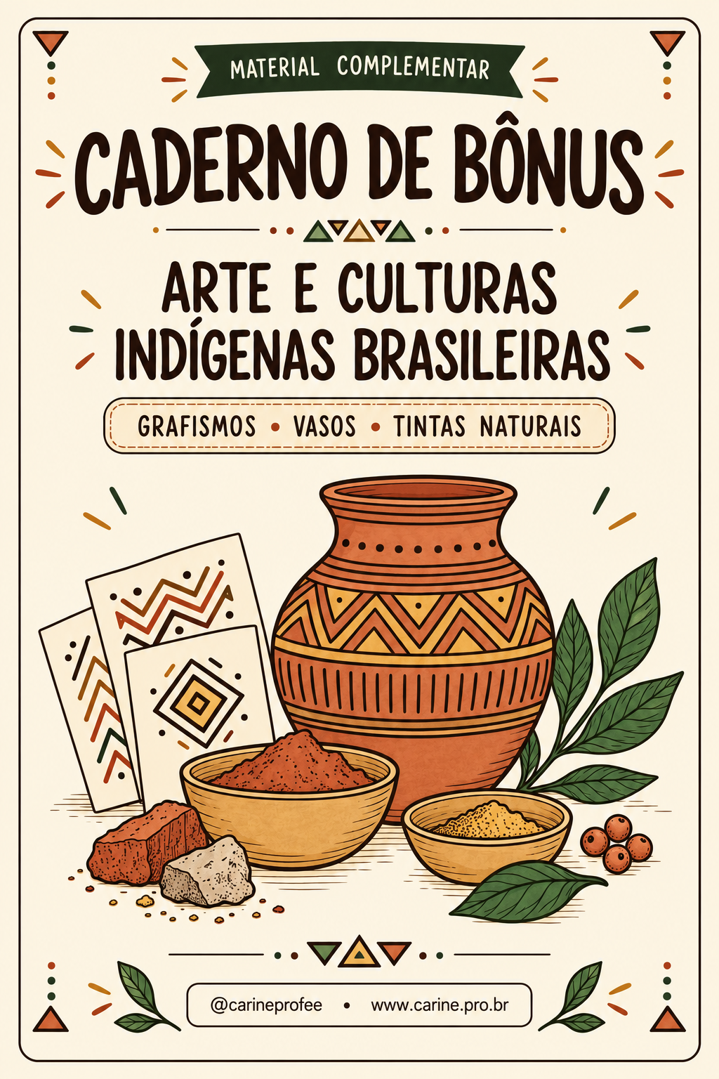 Capa do caderno de bônus com grafismos, vasos e tintas naturais